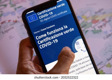 EU Digital Certificate Covid-19. Green Or Covid Pass. Covid Or Coronavirus Vaccine Certificate, Passport App With QR Code On Map Of Europe. Rome, Italy, May 8 2021 