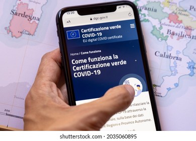 EU Digital Certificate Covid-19. Green Or Covid Pass. Covid Or Coronavirus Vaccine Certificate, Passport App With QR Code On Map Of Europe. Rome, Italy, May 8 2021 