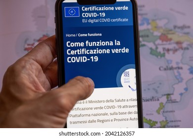 EU Digital Certificate Covid-19. Green Or Covid Pass. Covid Or Coronavirus Vaccine Certificate, Passport App With QR Code On Map Of Europe. Rome, Italy, May 8 2021 