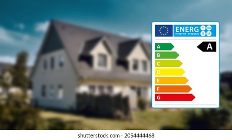 EU Energy Label Graphic In Front Of Home Or Family House As Consumption Concept