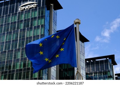 EU flag flaps outside of building of French gas and power group Engie company in Brussels, Belgium on September 25, 2022. - Shutterstock ID 2206221187