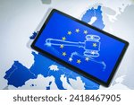 EU Flag with gavel and sound block on smartphone screen over a Eu map. Suitable for concepts as Artificial Intelligence or AI Act, European union Legal sistem and Directives.