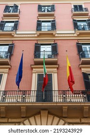 EU Flag, Italy Flag And Naples Flag.