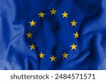 EU flag is made from fabric pattern. Concept map depicting dialogue with the international community. Basemap and background concept. Double exposure hologram.