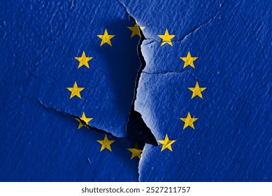 EU flag is made from fabric pattern. Concept map depicting dialogue with the international community. Basemap and background concept. Double exposure hologram.