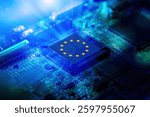 EU flag on a CPU processor. European chip manufacturer concept, GPU microchip on a motherboard.