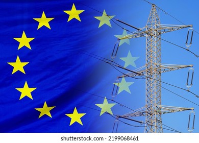 EU flag on electric pole background. Power shortage and increased energy consumption in EU. Energy development and energy crisis in European Union