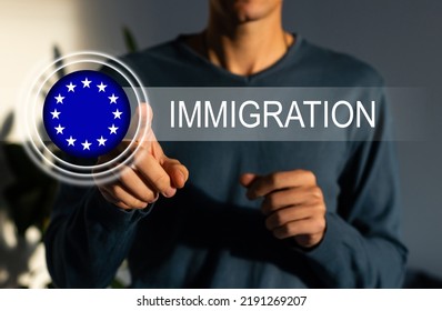 EU flag virtual immigration button, European Union flag