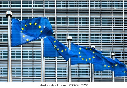 EU flags in front of council of european union comission bulding berlaymont - Shutterstock ID 2089937122
