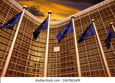 EU Flags In Front Of European Commission Building In Brussels