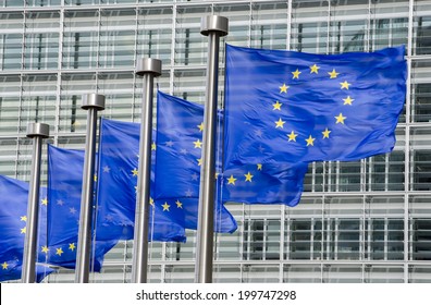 EU Flags In Front Of European Commission In Brussels