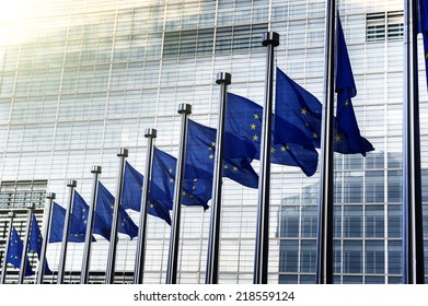 EU Flags In Front Of European Commission In Brussels