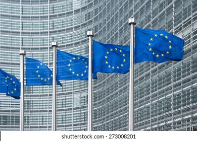 EU Flags In Front Of European Commission In Brussels