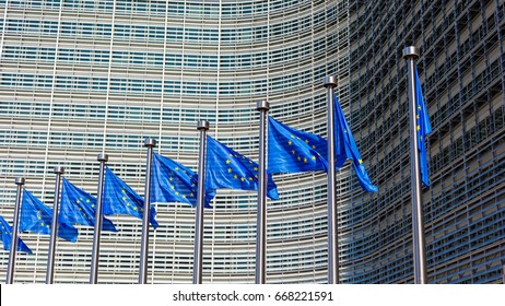 EU Flags In Front Of European Commission 