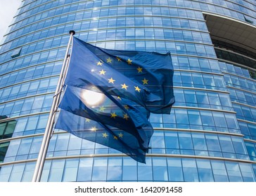 EU Flags Waving At The Governmental Building In Brussels, Belgium