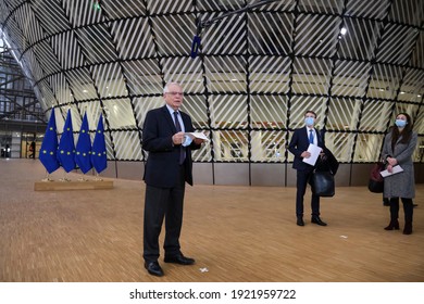 EU High Representative Of The Union For Foreign Affairs And Security Policy Josep Borrell Arrives To Attend In An European Foreign Ministers Meeting In Brussels, Belgium On February 22, 2021.