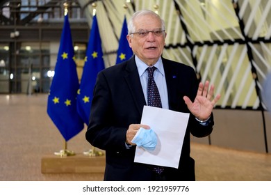 EU High Representative Of The Union For Foreign Affairs And Security Policy Josep Borrell Arrives To Attend In An European Foreign Ministers Meeting In Brussels, Belgium On February 22, 2021.