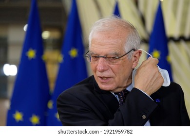 EU High Representative Of The Union For Foreign Affairs And Security Policy Josep Borrell Arrives To Attend In An European Foreign Ministers Meeting In Brussels, Belgium On February 22, 2021.