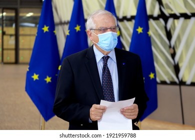 EU High Representative Of The Union For Foreign Affairs And Security Policy Josep Borrell Arrives To Attend In An European Foreign Ministers Meeting In Brussels, Belgium On February 22, 2021.