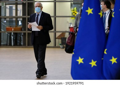 EU High Representative Of The Union For Foreign Affairs And Security Policy Josep Borrell Arrives To Attend In An European Foreign Ministers Meeting In Brussels, Belgium On February 22, 2021.