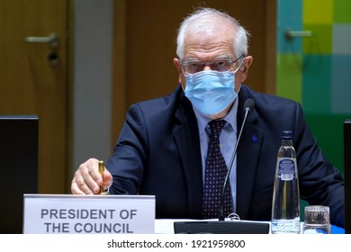 EU High Representative Of The Union For Foreign Affairs And Security Policy Josep Borrell Arrives To Attend In An European Foreign Ministers Meeting In Brussels, Belgium On February 22, 2021.