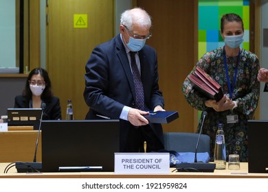 EU High Representative Of The Union For Foreign Affairs And Security Policy Josep Borrell Arrives To Attend In An European Foreign Ministers Meeting In Brussels, Belgium On February 22, 2021.