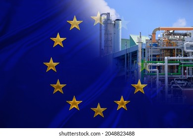 Eu National Flag On Satin, Chemical Plant With Pipes, The Concept Of Industrial Manufacturing In The Country, The Level Of Development Of The State, Environmental Problems