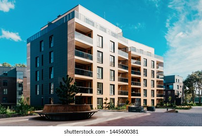 EU Pine tree at architectural complex of residential buildings. And outdoor facilities. - Powered by Shutterstock