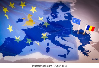 EU And Romania Flags Over An European Union Map. Romania Will Hold The Presidency Of The Council Of The EU For The Period January-June 2019