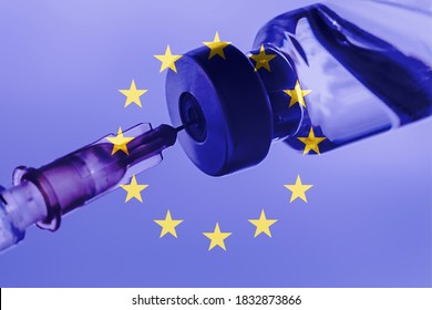 EU Vaccination, Coronavirus, EU flag, Vaccine vial dose, needle syringe, concept vaccination