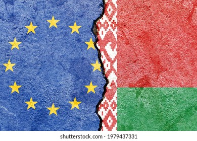 EU Vs Belarus National Flags Grunge Pattern Isolated On Broken Cracked Wall Background, Abstract Europe Union Belarus Politics Relationship Friendship Divided Conflicts Concept Texture Wallpaper