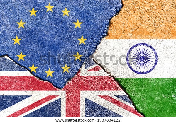EU VS India VS UK national flags icon on broken\
weathered cracked wall background, abstract international country\
political economic relationship conflicts concept pattern texture\
wallpaper