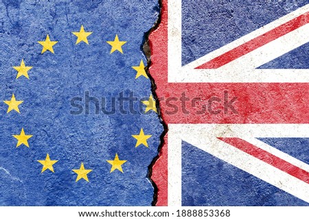 EU VS UK flags isolated on broken wall background, abstract Europe United kingdom politics economy conflicts concept wallpaper