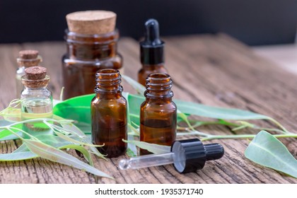 Eucalyptus Essential Oils On Older Wooden , Selective Focus.