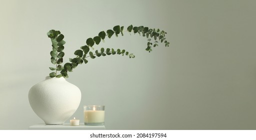 Eucalyptus lef branch in white bowl and burning candle on gray interior. Selective soft focus. Minimalist still life. Light and shadow nature horizontal long background.