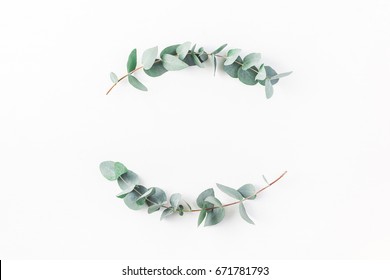 Eucalyptus on white background. Wreath made of eucalyptus branches. Flat lay, top view, copy space