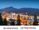 Eugene, Oregon, USA downtown cityscape at dusk.