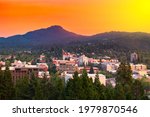 Eugene, Oregon, USA downtown cityscape at dusk.