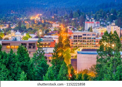 Eugene, Oregon, USA downtown cityscape at dusk.