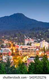 Eugene, Oregon, USA downtown cityscape at dusk. 
