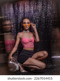 euphoria inspired editorial photo shoot glitter background purple black model caucasian hispanic model fashion photo shoot party dance disco queen ball glasses hairstyle 90s 20s hbo - Shutterstock ID 2267014415