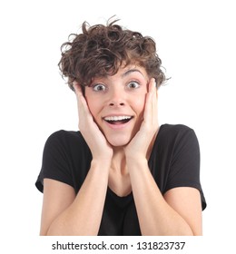 Euphoric Expression Of A Woman With Her Hands On The Face On A White Isolated Background