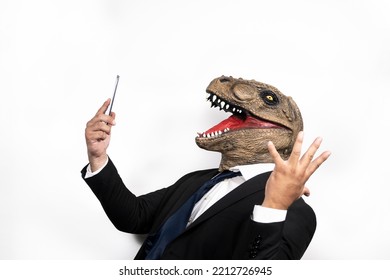 Euphoric Man With T Rex Head On White Background