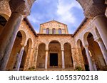 Euphrasian Basilica in Porec arcades and tower view, UNESCO world heritage site in Istria, Croatia