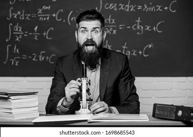 Eureka. Bearded Man Do Science Research. University Teacher In Research Laboratory. Using Microscope For Important Research Purpose.