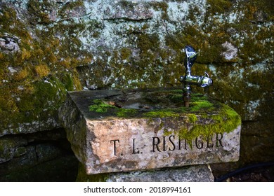 Eureka Springs, Arkansas, USA - July 5, 2021:  A Drinking Fountain At Grotto Spring In Eureka Springs, AR, Where You Can Drink The Spring Water.