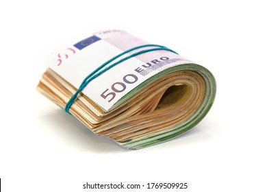 Euro banknotes in bundle isolated on white.Money connected by an elastic band. Much money.