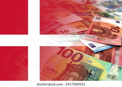 Euro banknotes colored in the colors of the flag of Denmark. Gradient overlay of the Danish flag on the euro notes.