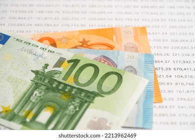 Euro Banknotes On Spreadsheet Paper, Banking Account, Investment Analytic Research Data Economy, Trading, Business Company Concept.