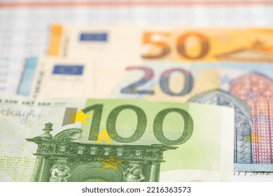 Euro Banknotes On Spreadsheet Paper, Banking Account, Investment Analytic Research Data Economy, Trading, Business Company Concept.